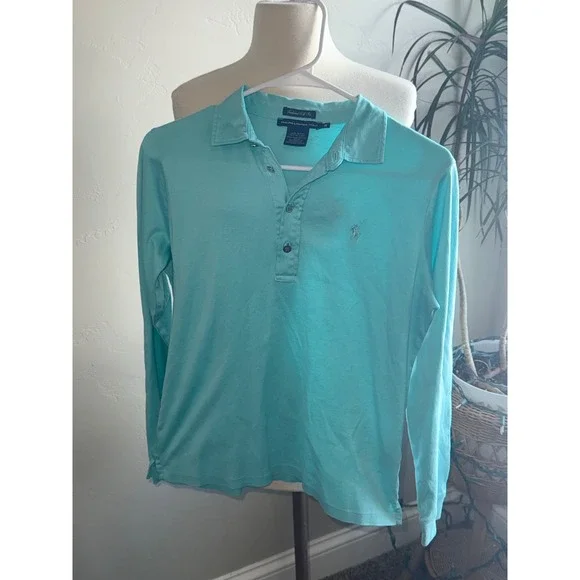 Ralph Lauren Golf Womens Long Sleeve Polo Shirt Aqua Blue Tailored Fit Size M - Picture 1 of 8